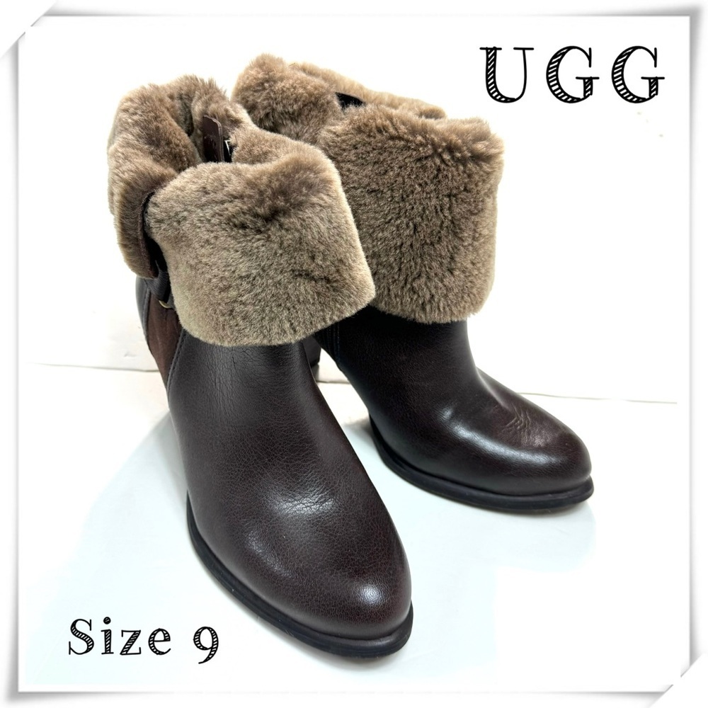 UGG Jayne Stout Leather Sheepskin Cuff Buckle Ankle Boots Brown Size9 #1013803